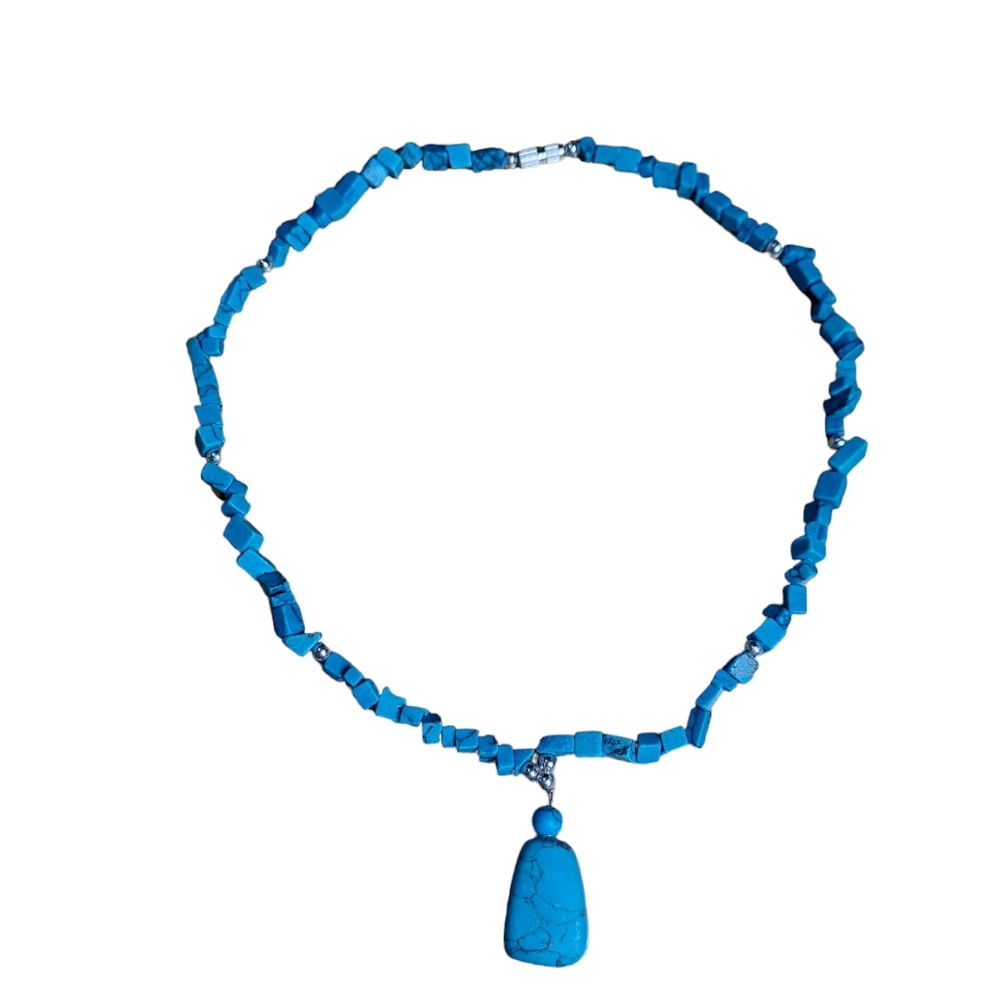 Handmade Women's Faux Blue Turquoise Silver Tone Necklace Size 9.5 Inches - Picture 6 of 10